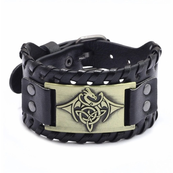 Men's Style Alloy Totem Charm Braided Leather Bracelet Wide Wristband - Picture 7 of 7